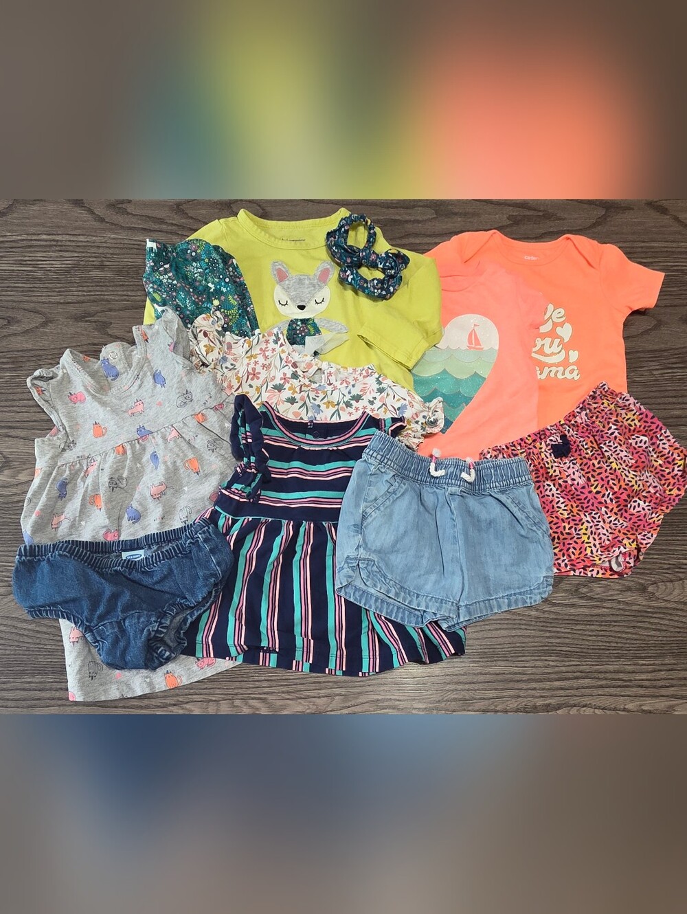 Girls Mixed Tops, Dress & Chambray Shorts Bundle - Bright Stripes & Floral